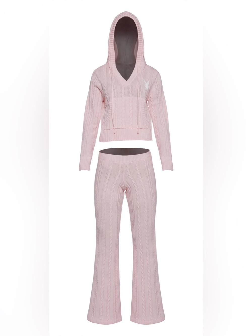 Playboy by Dolls Kill 2 Piece Cable Knit Hooded Pants Set - Pink